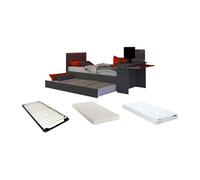 Lit gigogne gamer 90 x 200 et 90 x 190 cm - Avec bureau - LEDs - Anthracite et rouge + Matelas + Sommier - VOUANI
