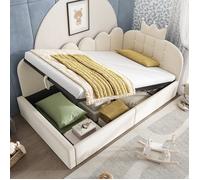 Lit gigogne - GENERIQUE - 90x200 cm - Velours beige - Sommier à lattes intégré - Coffre hydraulique