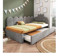 Lit gigogne - GENERIQUE - L-Forme - Velours gris - Lit escamotable 90x190 cm - Couchage 90x200 cm