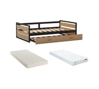 Lit gigogne industriel BOSTON - 2 x 90 x 190 cm - MDF, Pin et métal - Coloris : Noyer et anthracite + Matelas