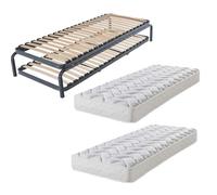 Lit gigogne métal + matelas 90x190 - 20 lattes bois - Gain de place - Made in France