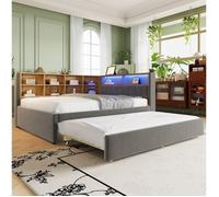 Lit gigogne multifonction 140 x 200 cm avec lit tiroir 90 x 190 cm - TCQPZ - LED rangements flanelle gris foncé