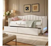 Lit gigogne Simple 90×200 cm avec lit d'appoint escamotable et LED intégrée - BEAUNIV - sans matelas, lin, beige