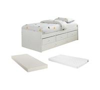 Lit gigogne TITOUAN avec 3 tiroirs - 90 x 190 cm - MDF et Pin - Blanc + Matelas