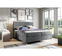 Lit GUTTO sommier tapissier JILL 160 x 200 cm 2x sommier TOPPER 5 cm gris velours haut pieds dorés