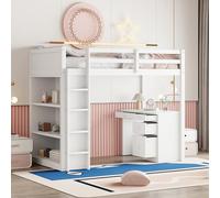 Lit Haut 90 x 200 cm avec Rangements et Bureau pour Ordinateur, Lit Multifonction en Bois pour Enfant, Couleur Blanche