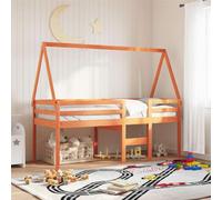 Lit Haut Enfant sans Matelas 90x190 cm Bois de Pin Massif Cire Marron avec Toit et Ã‰chelle, Meuble Chambre Enfant Petit Espace, Cadre de Lit Superposé Sécurisé Amusant pour Jeux et Rangement