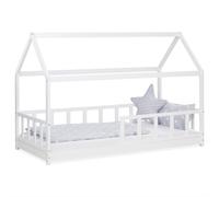 Lit Enfant 90x200 cm Blanc | Lit Cabane avec Barrière de Sécurité | Montessori | Lit Simple | avec Sommier | Bois