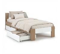 Homestyle4u Lit simple 90 x 200 cm avec espace de rangement et matelas à ressorts, lit en bois avec sommier à lattes et 2 tiroirs en pin naturel