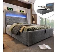 Lit Hydraulique Moderne avec Tête de Lit Haute, 90x200cm Lit Simple avec Éclairage LED, Rangement & Ports USB/Type-C, en Tissu Lin Gris (sans Matelas)