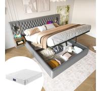 Lit hydraulique rembourré Lit double 160×200 cm avec 2 tables de nuit, tête de lit avec USB , Gris, velours Avec matelas
