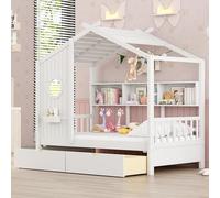 Lit jumeau avec tiroirs de Rangement, Cadre de lit avec étagères, Joli lit de Maison en Bois avec Toit pour Enfants, Filles, garçons, Blanc