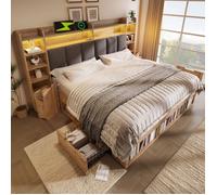 Lit King Size 180x200 avec LED et Ports USB/Type-C, Tête de Lit Rembourrée, 2 Tables de Nuit Mobiles et Grands Rangements
