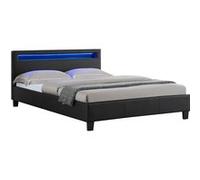 Idimex Lit double pour adulte RIOJA avec sommier 140x190 cm 2 places 2 personnes, tête de lit avec LED intégrées, en tissu noir Noir