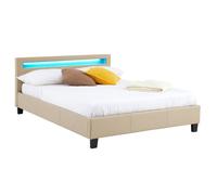 Lit LED double 140x190 cm avec sommier, tête de lit confortable, lit 1 place revêtement synthétique beige, PINOT