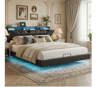 Lit LED double 160x200 cm,Cadre de lit hydraulique,table de chevet avec rangement,USB, pu,noir(sans matelas)