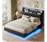 Lit LED double 160x200 cm,Cadre de lit hydraulique,table de chevet avec rangement,USB Type-C, pu,noir(sans matelas)