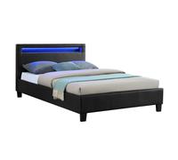 Lit simple pour adulte MIRANDO avec sommier 120x190 cm 1 place et demi 1 personne, tête de lit avec LED intégrées, synthétique noir