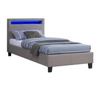 Lit LED simple 90x190 cm avec sommier, tête de lit confortable, lit 1 place revêtement en tissu gris, MOLINA
