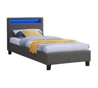 IDIMEX Lit LED Simple 90x190 cm avec sommier, tête de lit Confortable, lit 1 Place revêtement synthétique Gris, LUCENO