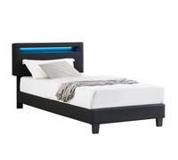 IDIMEX Lit LED Simple 90x190 cm avec sommier, tête de lit réglable en Hauteur, en synthétique Noir, Evan
