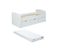 Lit LOUANE avec 2 tiroirs et 1 coffre de rangement - 90 x 190 cm - Blanc + Matelas