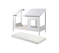 Lit Maison 90x200cm Blanc avec Fenêtre + Sommier + Matelas - LAKA -