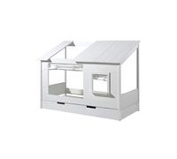 Lit Maison 90x200cm Blanc avec Fenêtre + Tiroir et Rideaux - LAKA -