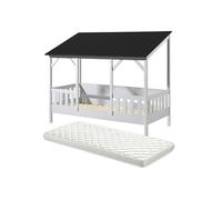 Lit Maison 90x200cm Blanc et Noir + Sommier + Matelas - LAKA -