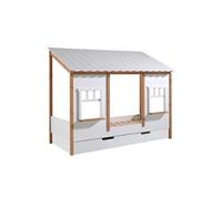 Lit Maison 90x200cm Blanc et Pin Naturel avec Tiroir - LAKA -