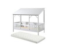 Lit Maison 90x200cm Blanc + Sommier + Matelas - LAKA -