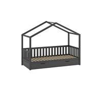 Lit Maison à Barrières 90x200cm Pin Anthracite + Tiroir - ARKAN -