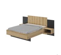 Lit Marzano en panneaux de particules avec 2 tables de chevet. Convient à un matelas de 140x190cm. Matelas et base non inclus.