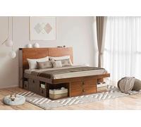 Lit Memomad Bali, Caramel, 180x200 cm, pin Massif, Fonctionnel avec tête de lit 205 cm, sommier à Lattes, Nombreux rangements et tiroirs, idéal pour Petites Chambres