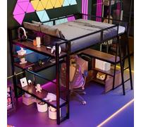 Lit mezzanine 140×200cm, avec partition sous le lit et espace de rangement, lit double en métal, avec lumières LED et poste de travail intégré, lit mezzanine gaming, Noir (matelas non inclus)