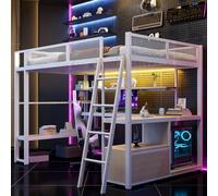 Lit mezzanine 140×200cm, avec partition sous le lit et espace de rangement, lit double en métal, avec lumières LED et poste de travail intégré, lit mezzanine gaming, Blanc (matelas non inclus)