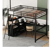 Lit mezzanine, 140*200cm, lit à cadre en fer, tiroirs pratiques, bureau élégant en forme de L, design stratifié, sans matelas, noir