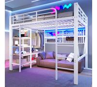 Lit mezzanine 140 x 200 cm avec des lumières LED, espace libre sous le lit. Lit double en fer, Avec compartiments de rangement, Filet à linge et portant à vêtements. blanc (matelas non inclus)