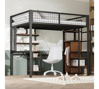 Lit mezzanine 140 x 200 cm avec échelle de sécurité, lit enfant avec cadre en fer, armoire et bureau d'ordinateur noir