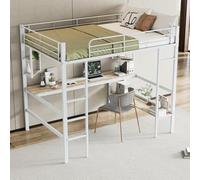 Lit mezzanine 140 x 200 cm - Cadre de lit en métal avec bureau - Sans matelas - Lit mezzanine avec quatre petites étagères et une grande bibliothèque pour enfants, adolescents et adultes - Blanc