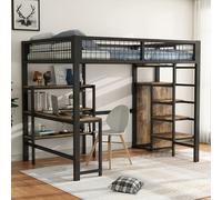 Lit mezzanine, 140 x 200 cm, lit en fer, échelle de rangement, plusieurs étagères, sans matelas, armoire encastrée, bureau, noir
