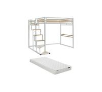 Lit mezzanine 140 x 200 cm - Métal et MDF - Blanc + Matelas - JOGUI