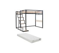 Lit mezzanine 140 x 200 cm - Métal et MDF - Noir et naturel + Matelas - JOGUI