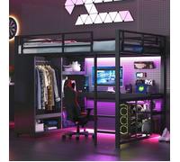 Lit Mezzanine 140x200 avec Bureau et LED Gaming - lit double - en Métal Noir, Penderie Ouverte, Étagères de Rangement