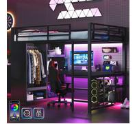 Lit Mezzanine 140x200 avec Bureau, LED, USB et Prise, Lit Gaming 2 Places Métal avec Rangement, Penderie pour Ado, Adulte, Noir