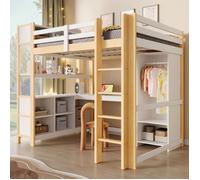 Lit Mezzanine 140x200 cm avec Bureau, Armoire et Étagères - Lit 2 places - Pin Massif Naturel, Multi-rangements, Sécurisé, Design