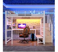 Lit mezzanine 140x200 cm avec bureau et escalier de rangement-Panneau perforé-LED multicolore via appli-USB et USB-C-Métal blanc