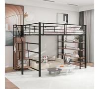 Lit Mezzanine 140x200 cm avec Escalier de Sécurité, Rangements Integrés, Penderie et Étagères, Haute Clôture de Protection - Lit Simple pour Enfant et Ado, Design Moderne et Fonctionnel