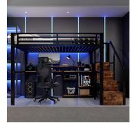 Lit mezzanine 140x200 cm avec escalier-rangement et étagères-LED multicolore via appli-USB et USB-C-Garde-corps-Cadre métal noir
