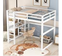 Lit mezzanine 140x200 cm enfant avec bureau et 4 compartiments de rangement, lit combiné bois naturel blanc sans matelas